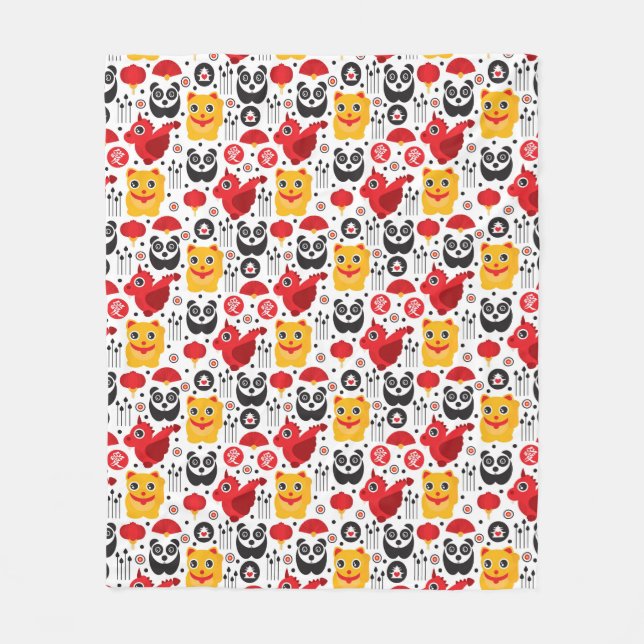 China lucky cat, dragon, and panda fleece blanket (Front)