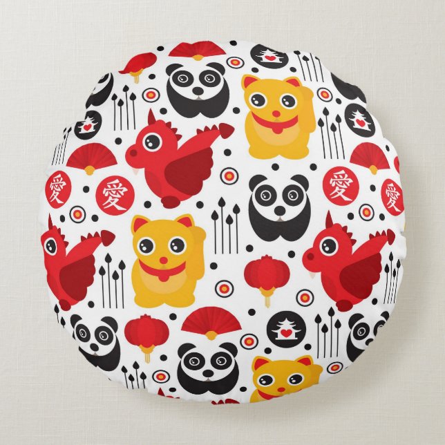 China lucky cat, dragon, and panda round pillow (Front)