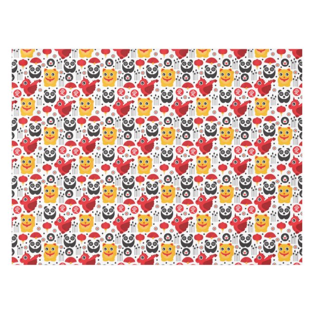 China lucky cat, dragon, and panda tablecloth (Front (Horizontal))