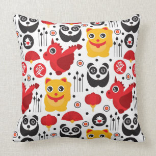 China lucky cat, dragon, and panda throw pillow