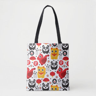 China lucky cat, dragon, and panda tote bag