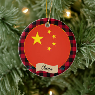 China, Red buffalo plaid & Chinese Flag Ceramic Ornament