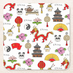 China Symbols Pattern Square Paper Coaster
