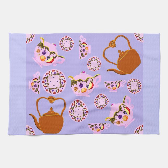 China Teapot Teacup Plate & Copper Teakettle Ameri Kitchen Towel (Horizontal)