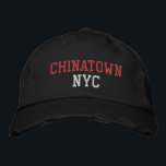 CHINATOWN NYC Red and White on Black Vintage Style Embroidered Hat<br><div class="desc">CHINATOWN NYC Red and White embroidery on Black distressed vintage style cotton hat. Embroidery is customizable to other colour choices by selecting the "Edit Design" tool button. Also available is the option to select choice of hat colour on the main item page.</div>
