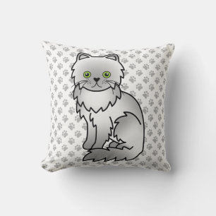 Chinchilla Grey Persian Cute Cartoon Cat & Paws Throw Pillow