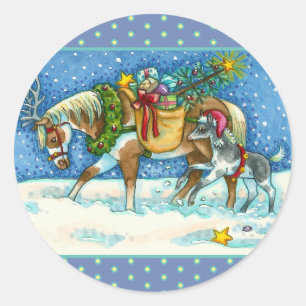 CHINCOTEAGUE CHRISTMAS PONIES, SLEIGH BELLS & TOYS CLASSIC ROUND STICKER