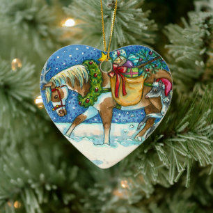 CHINCOTEAGUE PONIES, MERRY CHRISTMAS COLT & GIFTS CERAMIC ORNAMENT