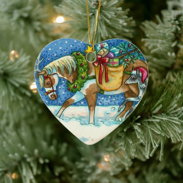 CHINCOTEAGUE PONIES, MERRY CHRISTMAS COLT & GIFTS CERAMIC ORNAMENT (Tree)