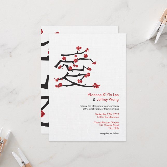 Chinese Ai Love Cherry Blossoms Red Sakura Wedding Invitation (Front/Back In Situ)