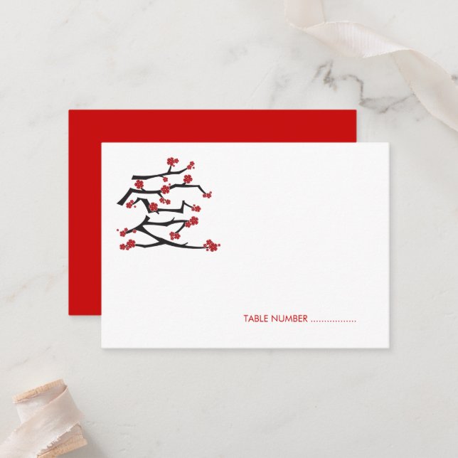 Chinese Ai Love Cherry Blossoms Red Sakura Wedding Place Card (Front/Back In Situ)