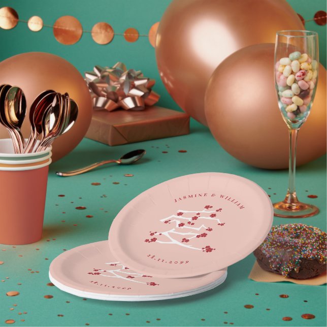Chinese Ai Love Red Cherry Blossoms Engagement Pap Paper Plate (Multi)