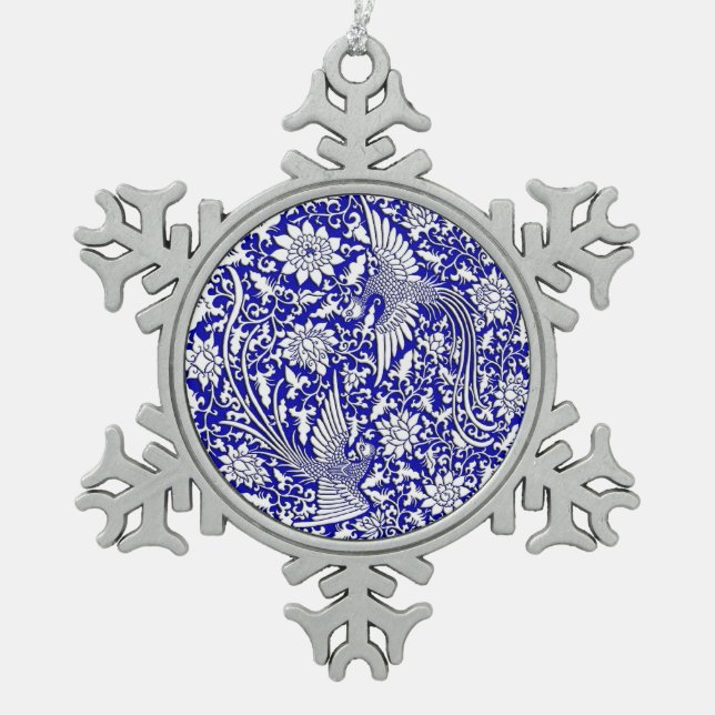 Chinese antique double phoenix design snowflake pewter christmas ornament (Front)