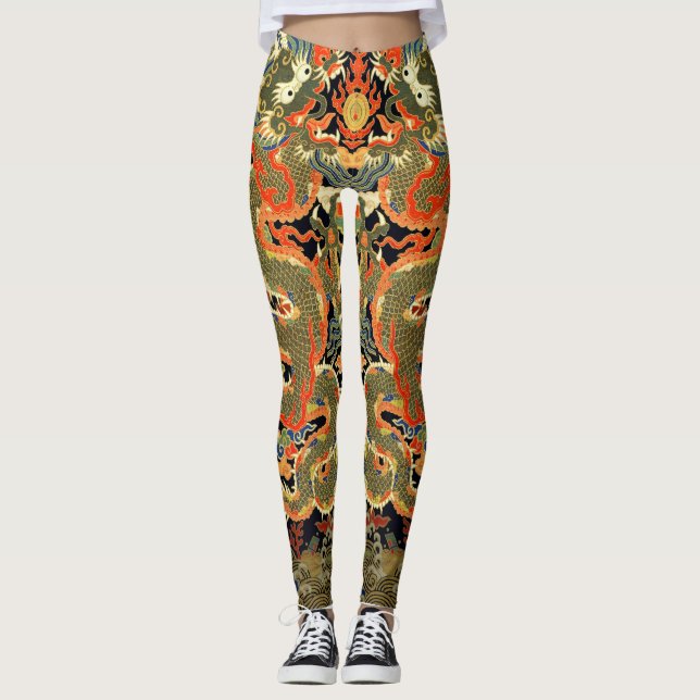 Chinese Asian Dragon Colourful Art Leggings (Front)