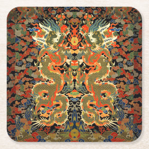 Chinese Asian Dragon Colourful Art Square Paper Coaster