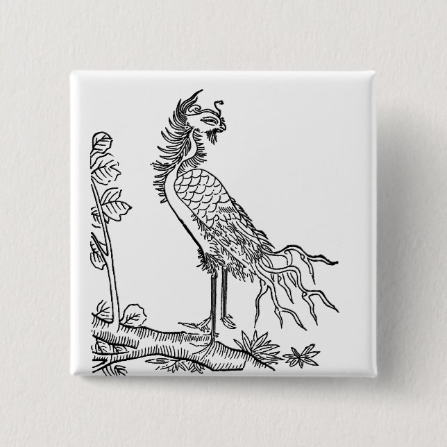 Chinese auspicious bird Luan 2 Inch Square Button (Front)