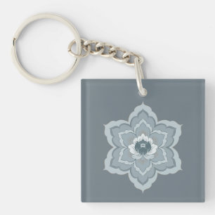 Chinese Baoxiang Flower in Misty Blue & Ink Jade Keychain