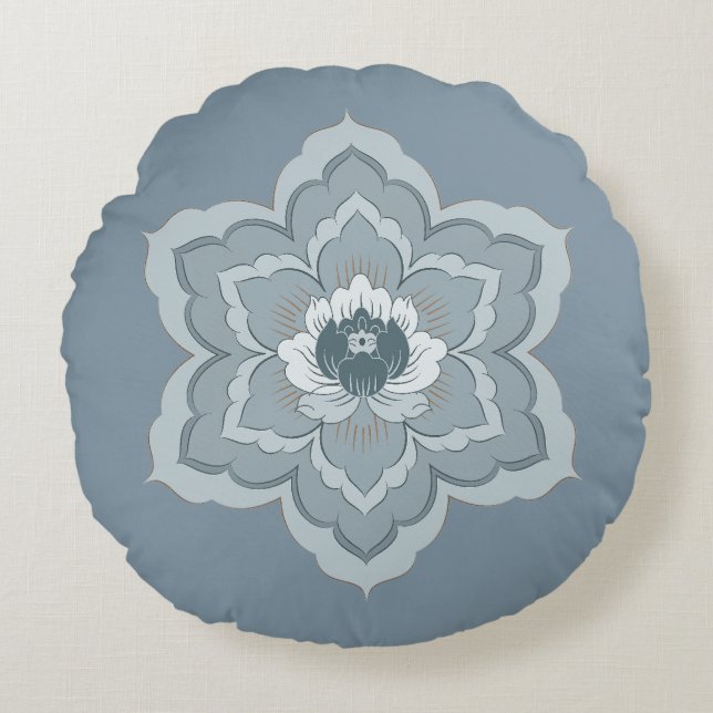 Chinese Baoxiang Flower in Misty Blue & Ink Jade Round Pillow (Front)