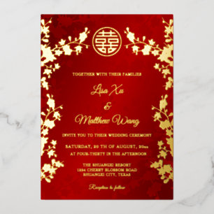 Chinese Bilingual   Gold Red Floral Wedding