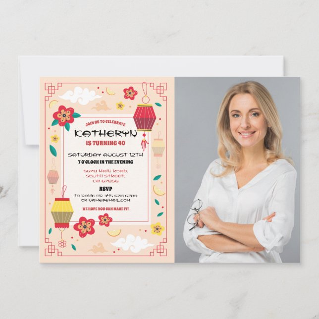 Chinese Birthday Party Restaurant Take Away Photo Invitation (Front)