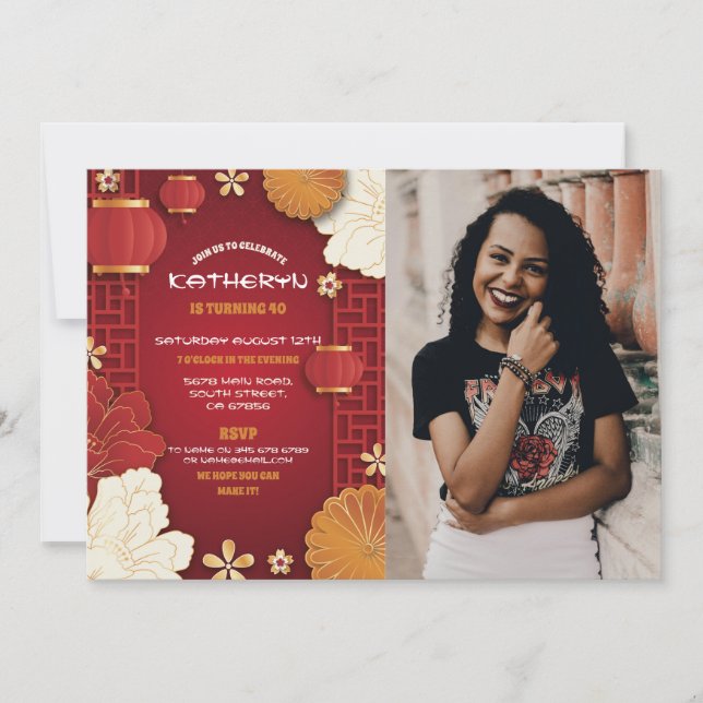 Chinese Birthday Photo Party Restaurant Take Away Invitation (Front)