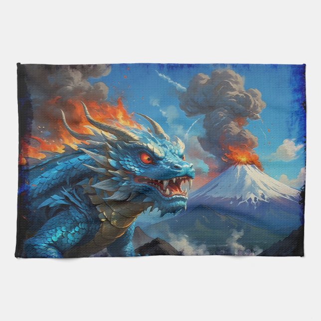 Chinese Blue Dragon and Volcano Kitchen Towel (Horizontal)