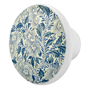 Chinese Blue Leaf ~ White Flowers~ * ~ Ceramic Knob