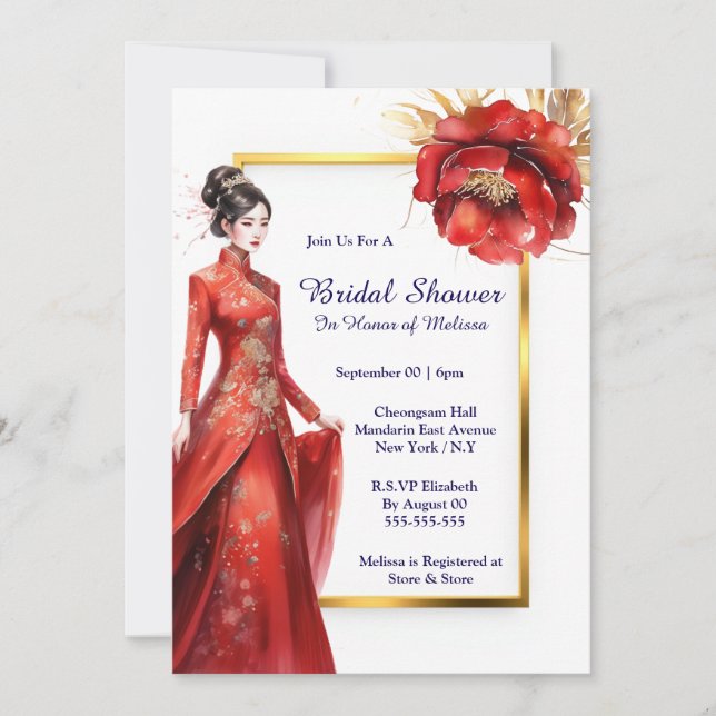 Chinese bride garden flowers red gold Asian Invitation (Front)