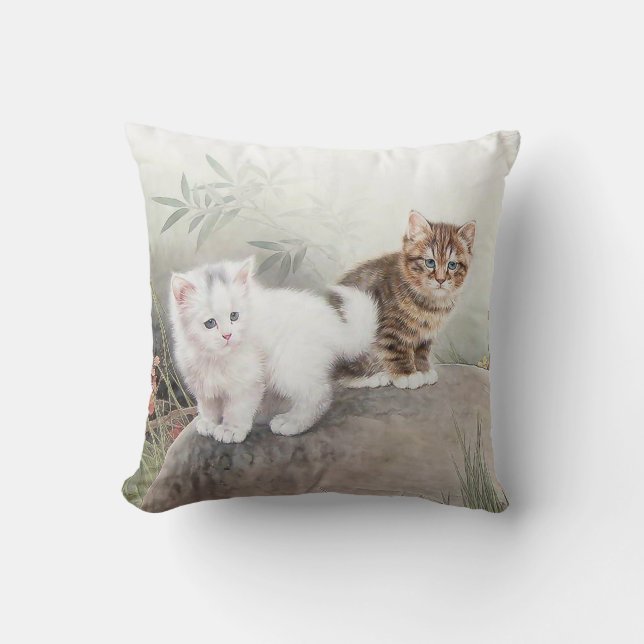 Chinese Cat Art Two Kittens Throw Pillow (Front)