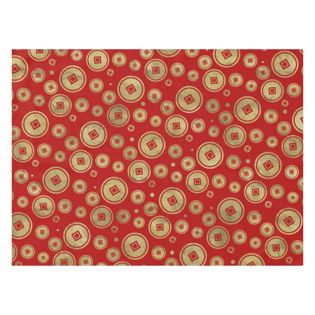 Chinese Coin Pattern Gold on Red Tablecloth (Front (Horizontal))