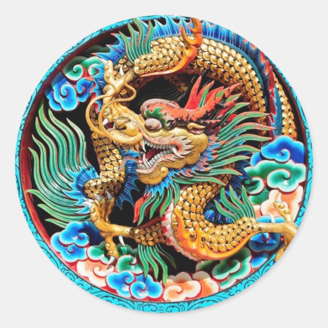 Chinese Colourful Dragon Lotus Flower Art  Classic Classic Round Sticker (Front)