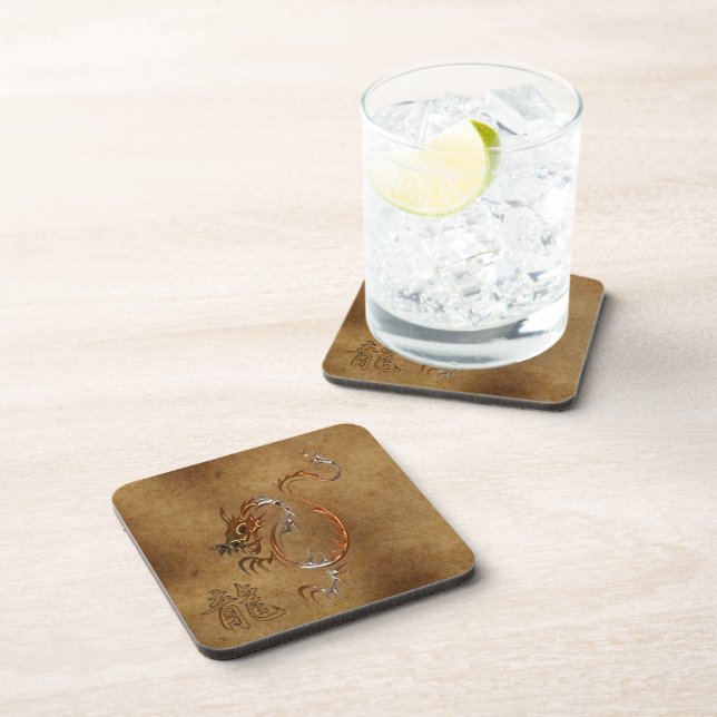 Chinese Copper Dragon on Faux Parchment 2 Coaster (Right Side)
