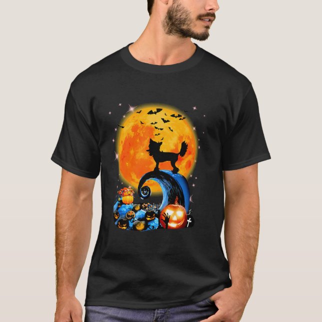 Chinese Crested And Yellow Moon Halloween Funny Do T-Shirt (Front)