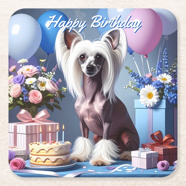 Chinese Crested Birthday Square Paper Coaster (Front)