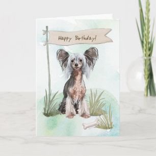Chinese Crested Breed Dog Under Birthday Sign Card