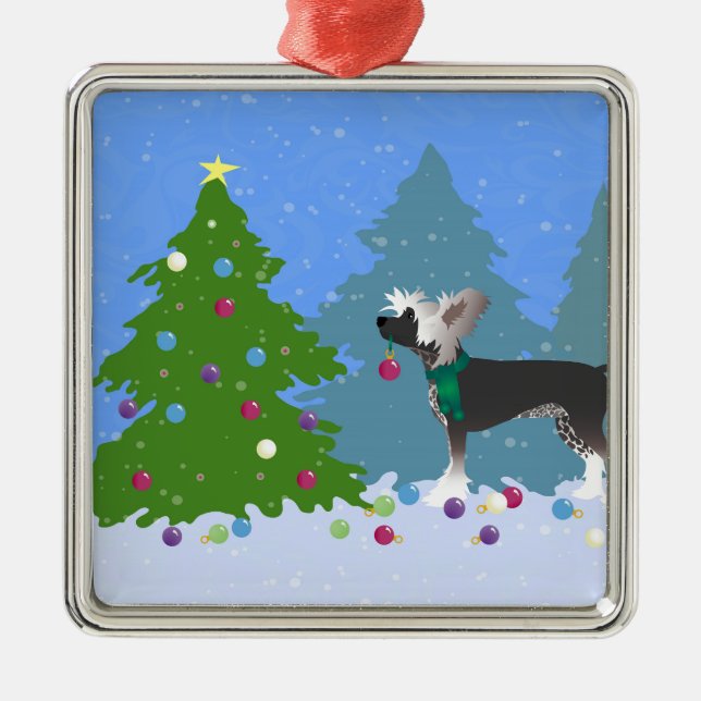 Chinese Crested Decorating a Christmas Tree Metal Ornament (Front)