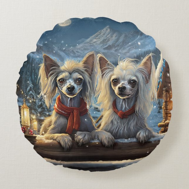 Chinese Crested Holiday Design By Rich AMeN Gill Round Pillow (Front)