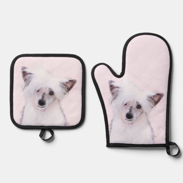 Chinese Crested Powderpuff White Painting Dog Art Oven Mitt & Pot Holder Set (Front)