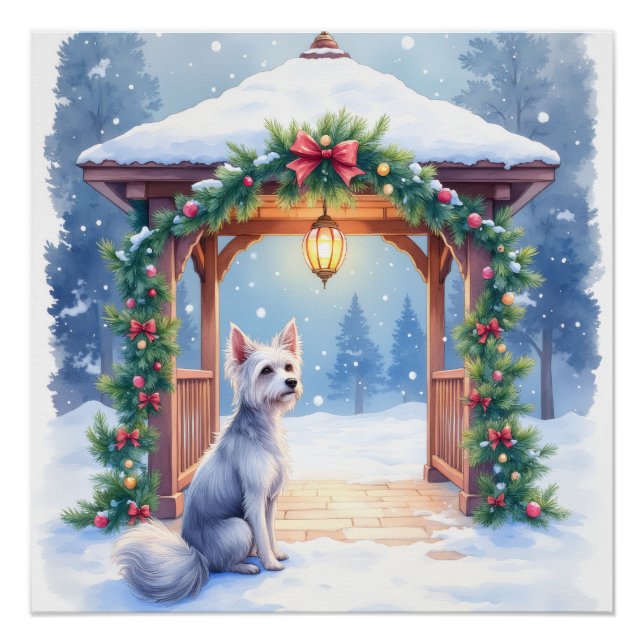Chinese Crested Snowy Gazebo Christmas Art Poster (Front)