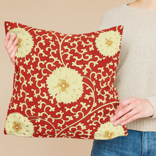 Chinese Dahlia pattern in red and cream Throw Pillow