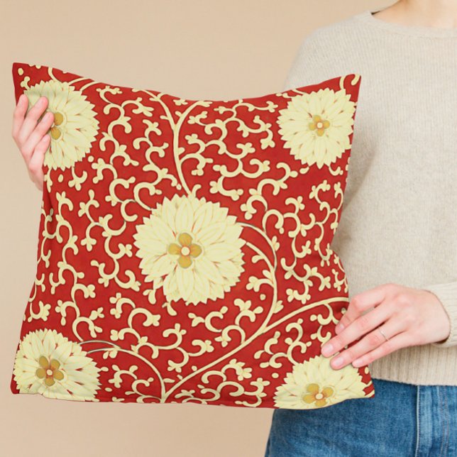 Chinese Dahlia pattern in red and cream Throw Pillow (Creator Uploaded)