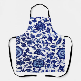 Chinese Dark navy blue floral pattern on white Apron