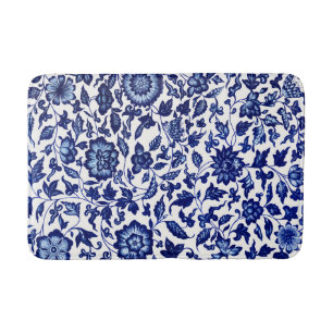 Chinese Dark navy blue floral pattern on white Bath Mat