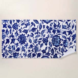 Chinese Dark navy blue floral pattern on white Beach Towel