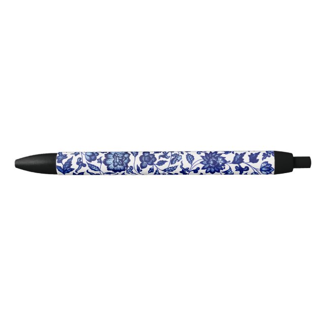 Chinese Dark navy blue floral pattern on white Black Ink Pen (Front)