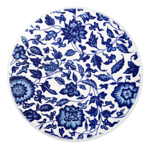 Chinese Dark navy blue floral pattern on white Ceramic Knob
