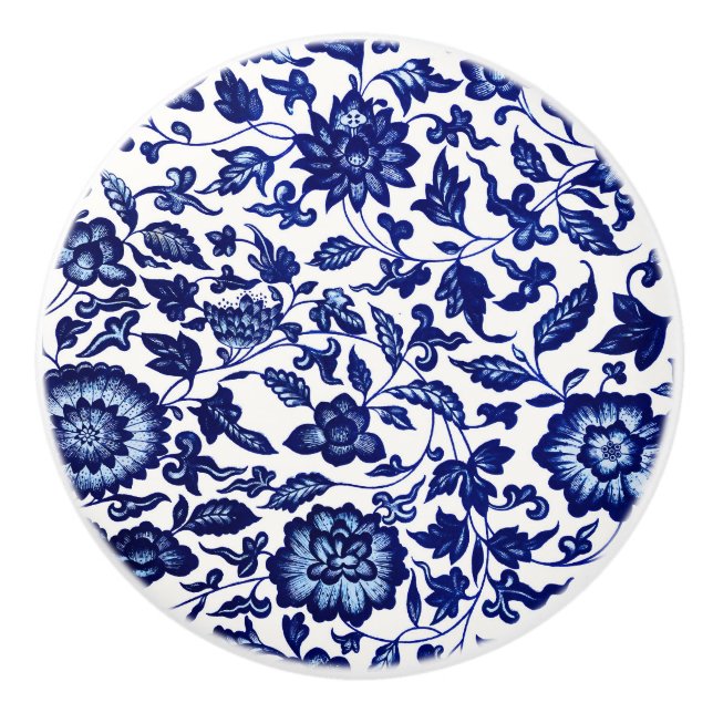 Chinese Dark navy blue floral pattern on white Ceramic Knob (Front)