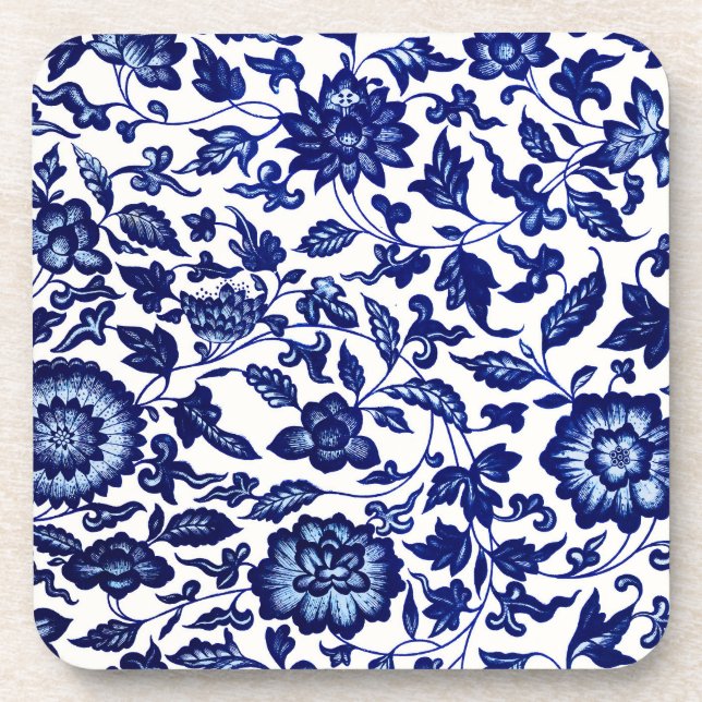 Chinese Dark navy blue floral pattern on white Coaster (Front)