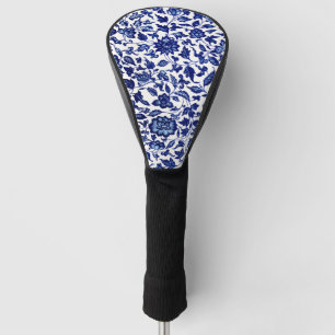 Chinese Dark navy blue floral pattern on white Golf Head Cover