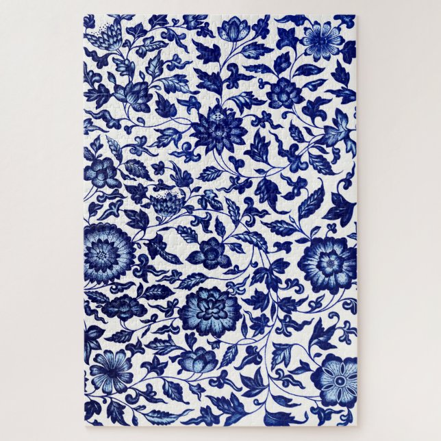 Chinese Dark navy blue floral pattern on white Jigsaw Puzzle (Vertical)